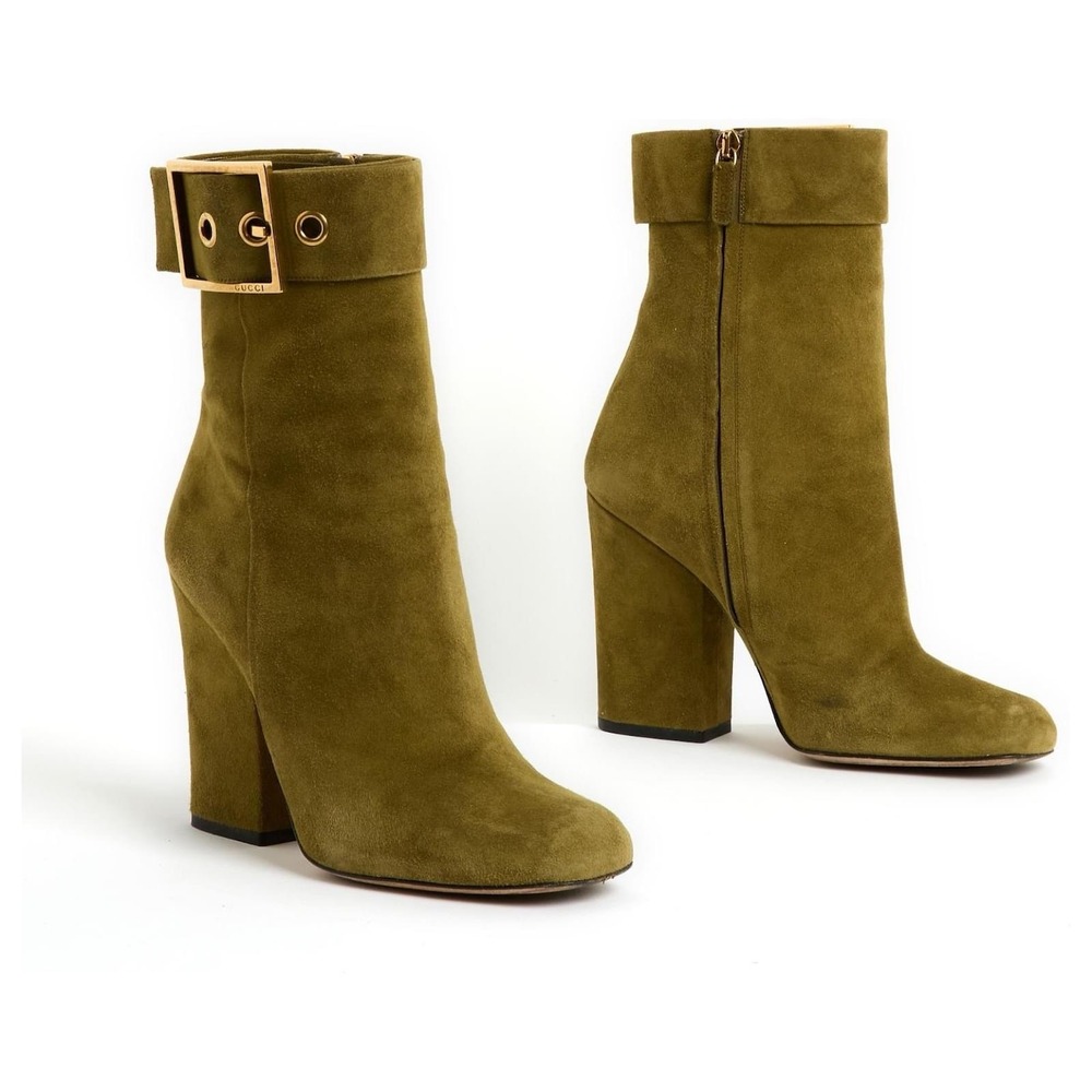 Gucci Kesha Suede Olive Green Ankle Boots Gold Buckle Block Heel Sz 38.5